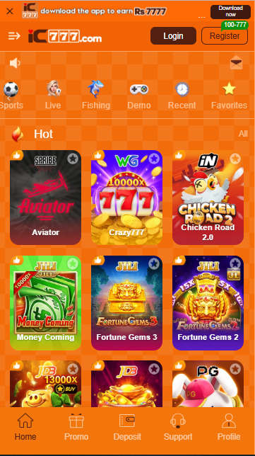 IC777 Game categories including Hot, Slot, Mini Games, Cards, Sports and Live