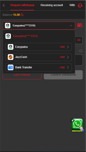IC777 Game withdrawal screen with Easypaisa JazzCash and Bank Transfer